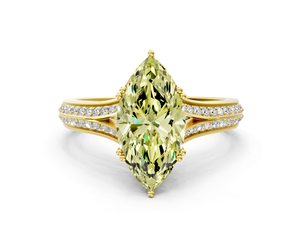 Yellow gold Fancy Yellow Marquise Cut Diamond Split Shank Engagement Ring with Pavé Band