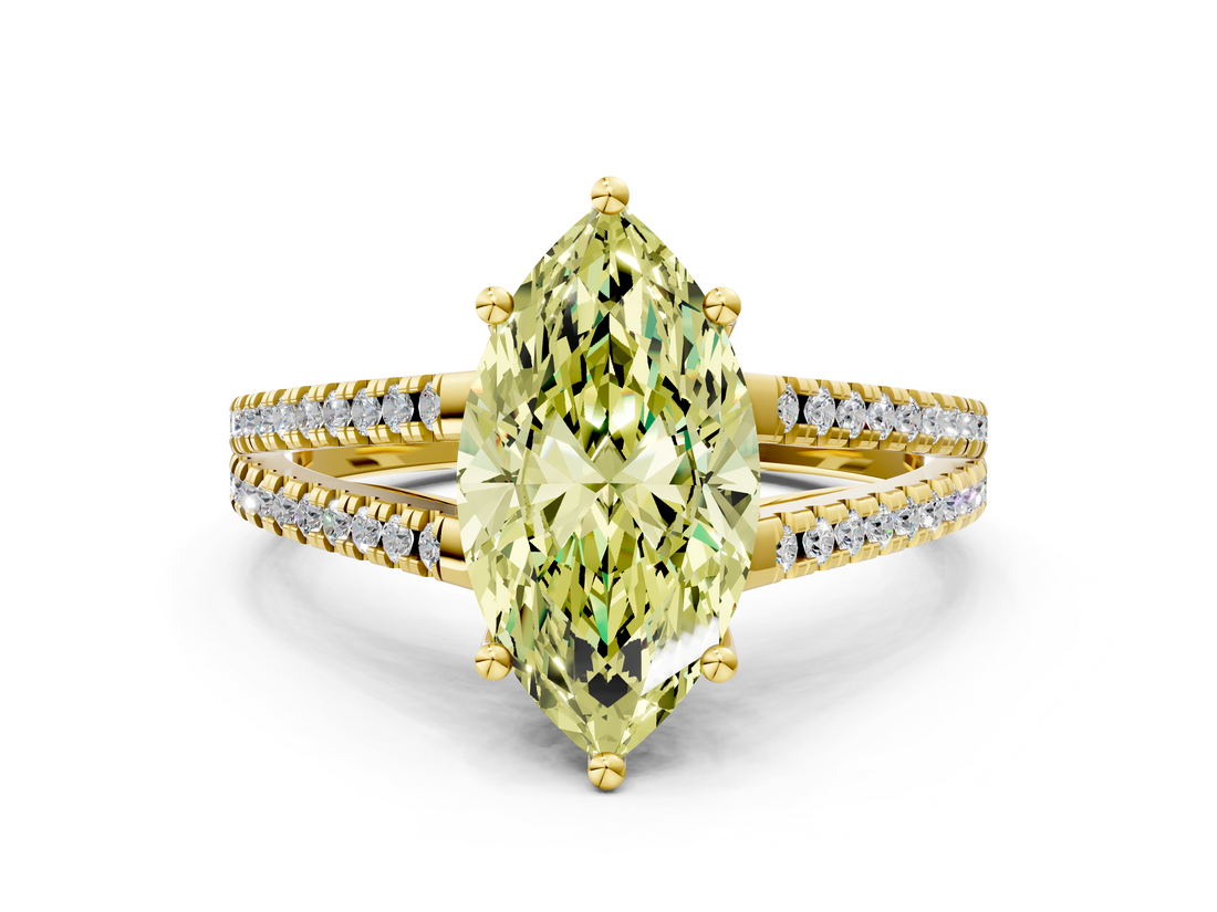 Yellow gold Fancy Yellow Marquise  Solitaire Split Shank Pavé Diamond Engagement Ring