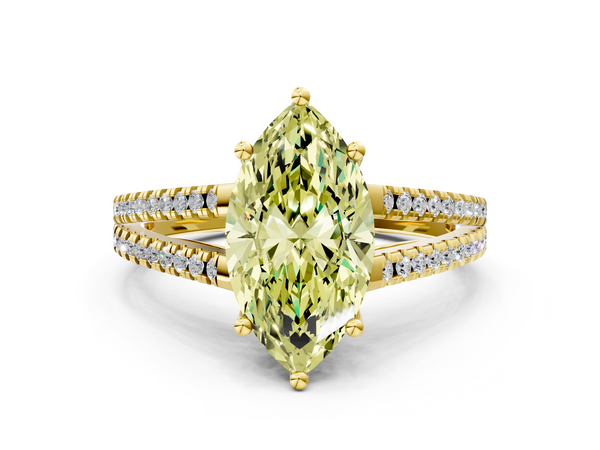 Yellow gold Fancy Yellow Marquise Cut Diamond Solitaire Engagement Ring with Split Shank Pavé Band