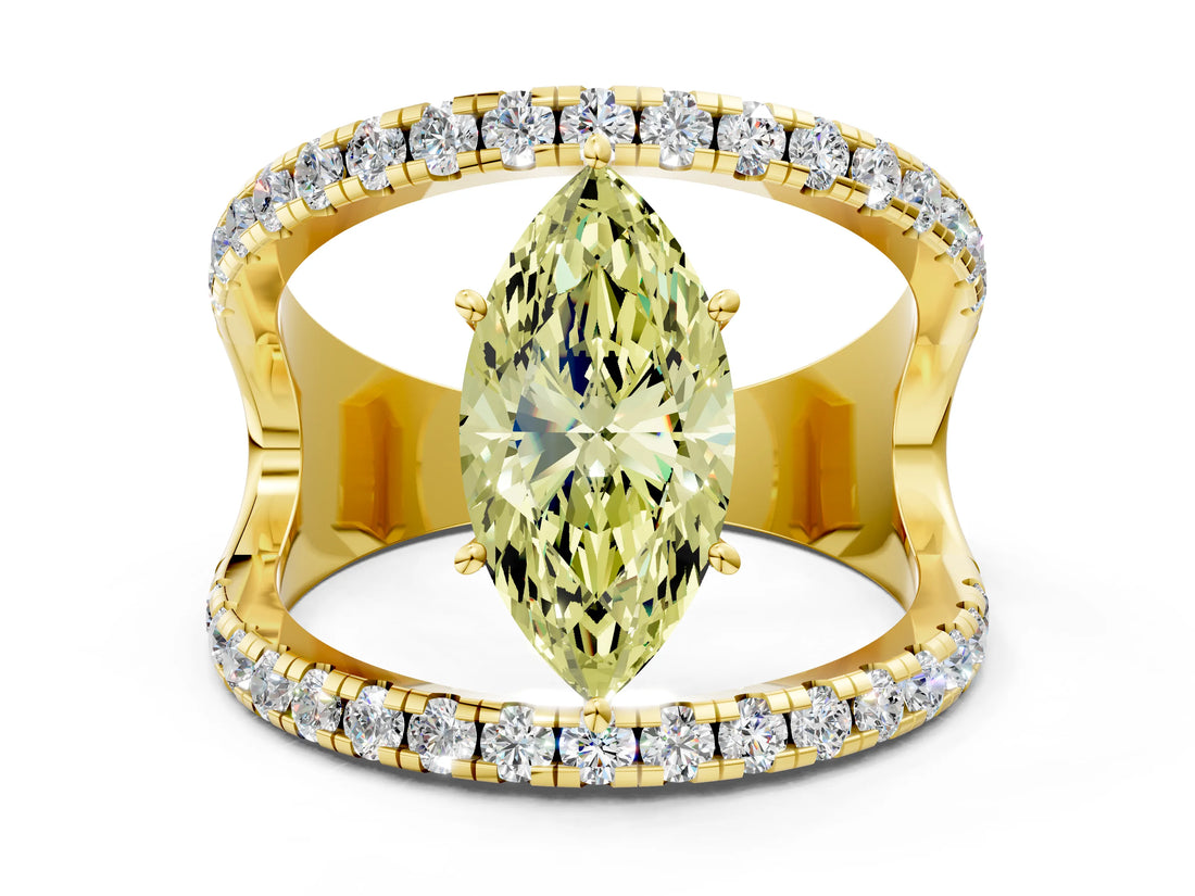 Yellow gold Fancy Yellow Marquise  Solitaire Split Shank Pave Diamond Ring_29