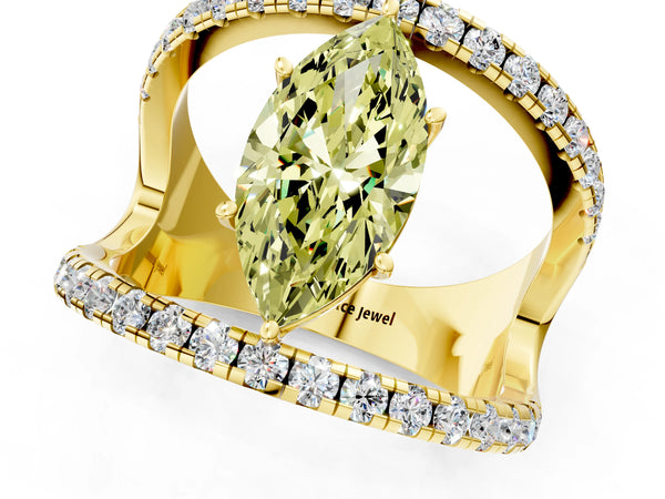Yellow gold Fancy Yellow Marquise  Solitaire Split Shank Pave Diamond Ring