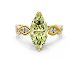 Yellow gold Fancy Yellow Marquise  Solitaire Twist Band with Leaf Prong Setting