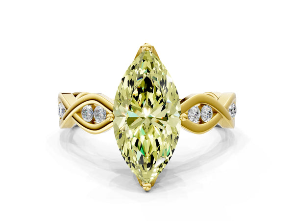 Yellow gold Fancy Yellow Marquise  Solitaire Twist Band with Leaf Prong Setting