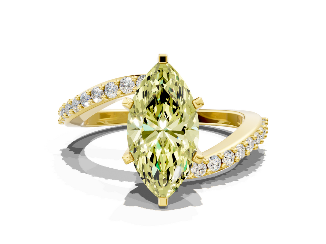 Yellow gold Fancy Yellow Marquise  Solitaire Twist Band with Pave Set Diamonds and Four-Prong Setting