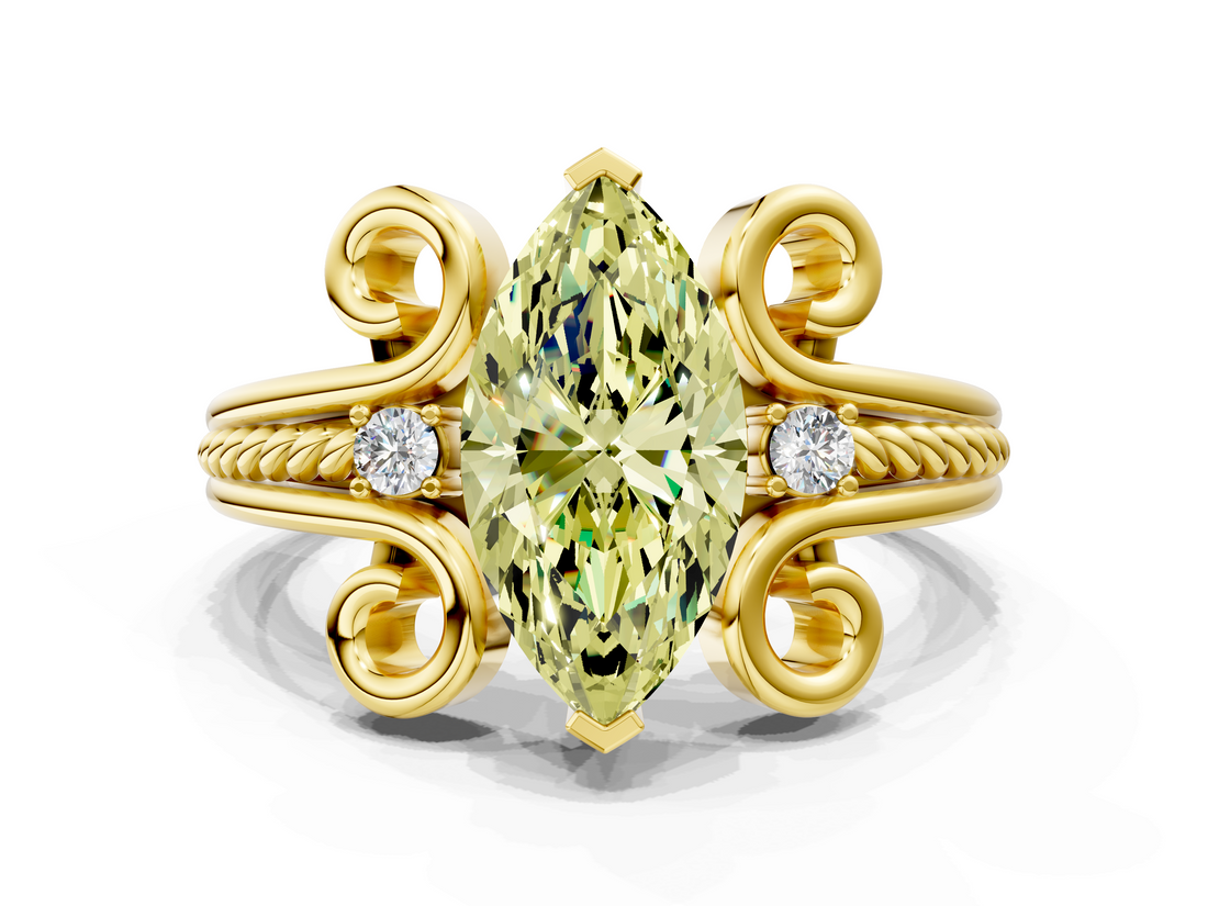 Yellow gold Fancy Yellow Marquise  Solitaire Twisted Band Scroll Prong Ring_3