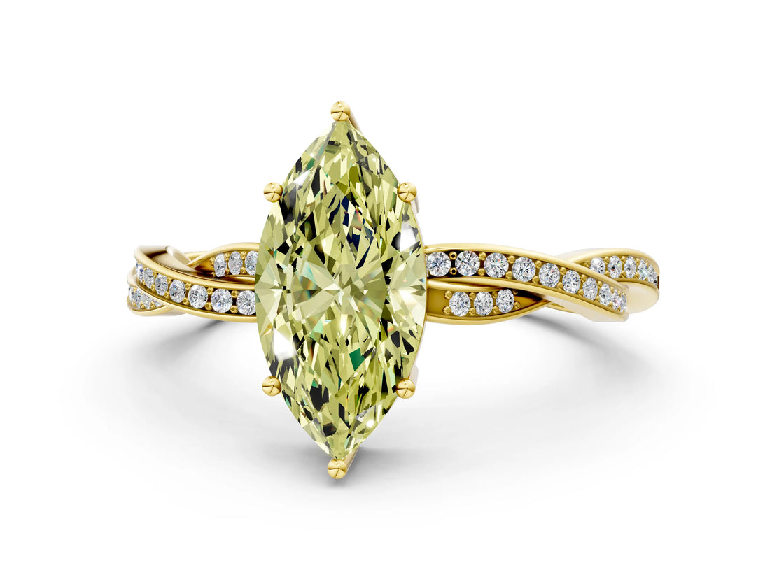 Yellow gold Fancy Yellow Marquise  Solitaire Twisted Pave Diamond Ring with Four-Prong Setting_12