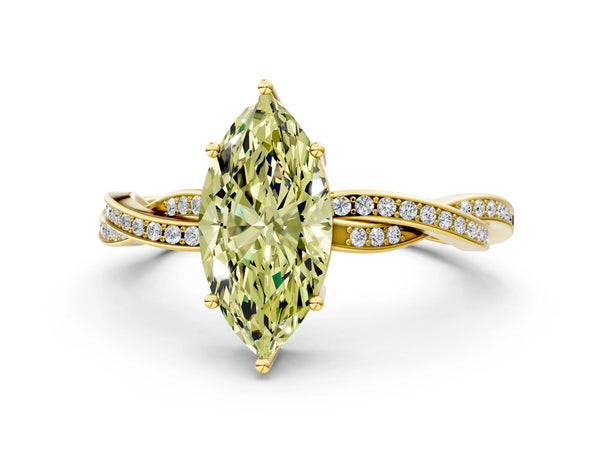Yellow gold Fancy Yellow Marquise  Solitaire Twisted Pave Diamond Ring with Four-Prong Setting