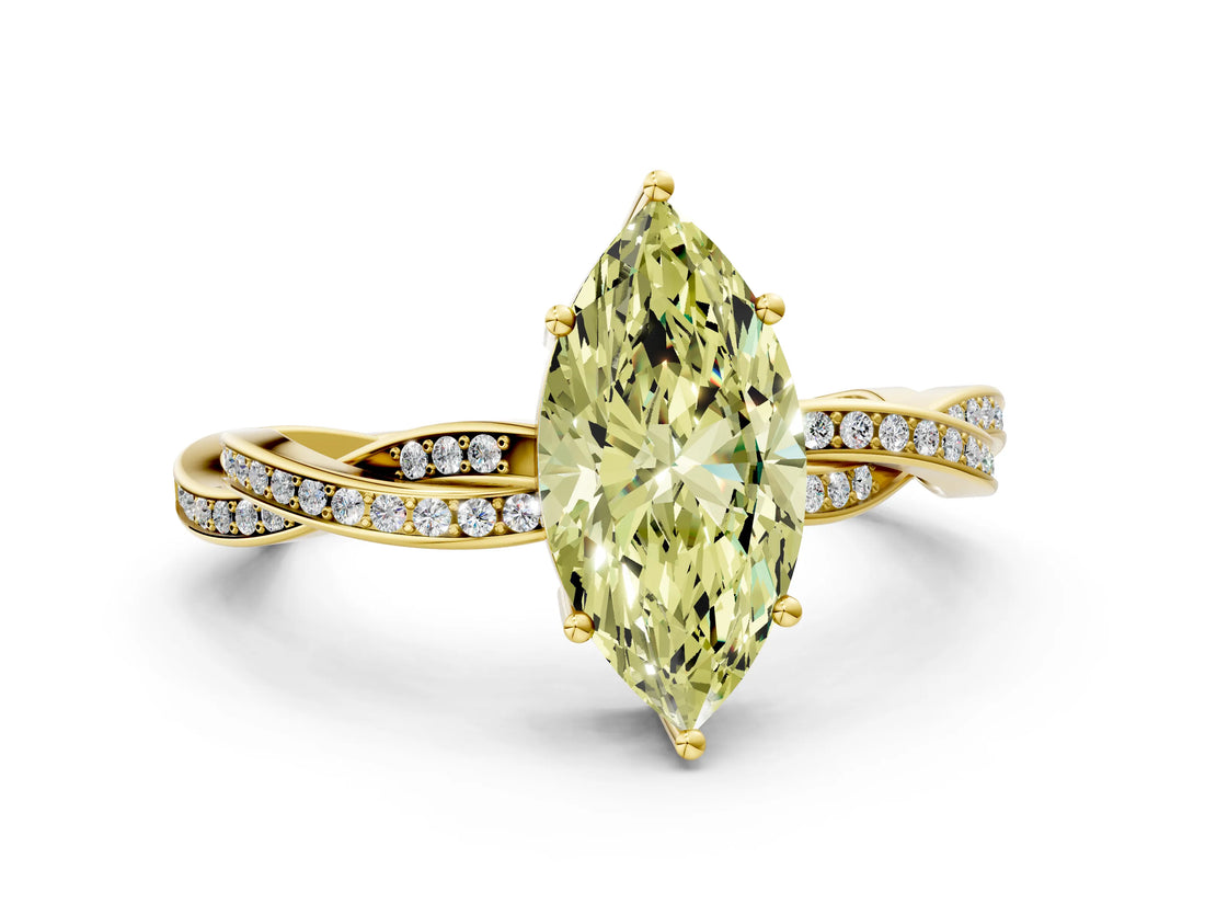 Yellow gold Fancy Yellow Marquise  Solitaire Twisted Pave Diamond Ring with Four-Prong Setting_12
