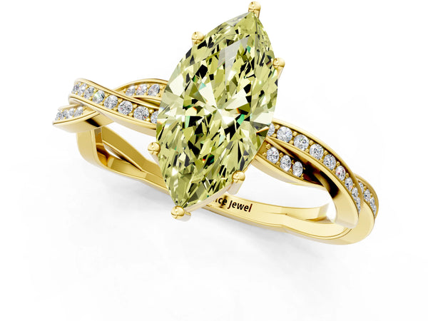 Yellow gold Fancy Yellow Marquise  Solitaire Twisted Pave Diamond Ring with Four-Prong Setting