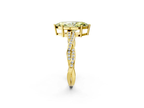 Yellow gold Fancy Yellow Marquise  Solitaire Twisted Pave Diamond Ring with Four-Prong Setting