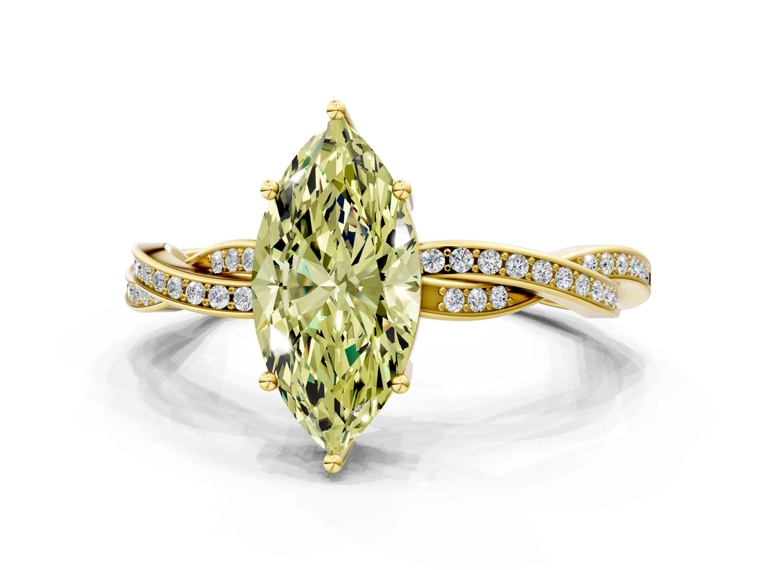 Yellow gold Fancy Yellow Marquise  Solitaire Twisted Pave Diamond Ring with Four-Prong Setting_92