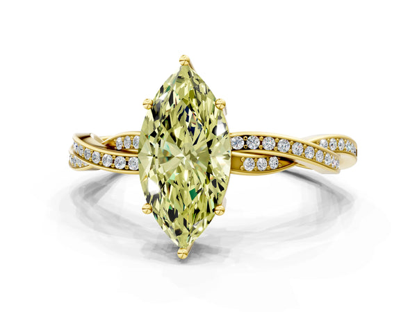 Yellow gold Fancy Yellow Marquise  Solitaire Twisted Pave Diamond Ring with Four-Prong Setting
