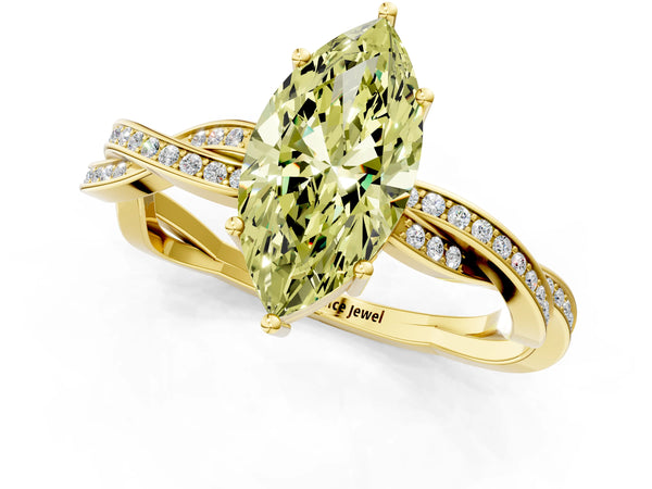 Yellow gold Fancy Yellow Marquise  Solitaire Twisted Pave Diamond Ring with Four-Prong Setting