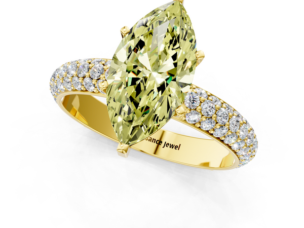 Yellow gold Fancy Yellow Marquise  Diamond Solitaire Ring with Prong Setting and Pavé Band