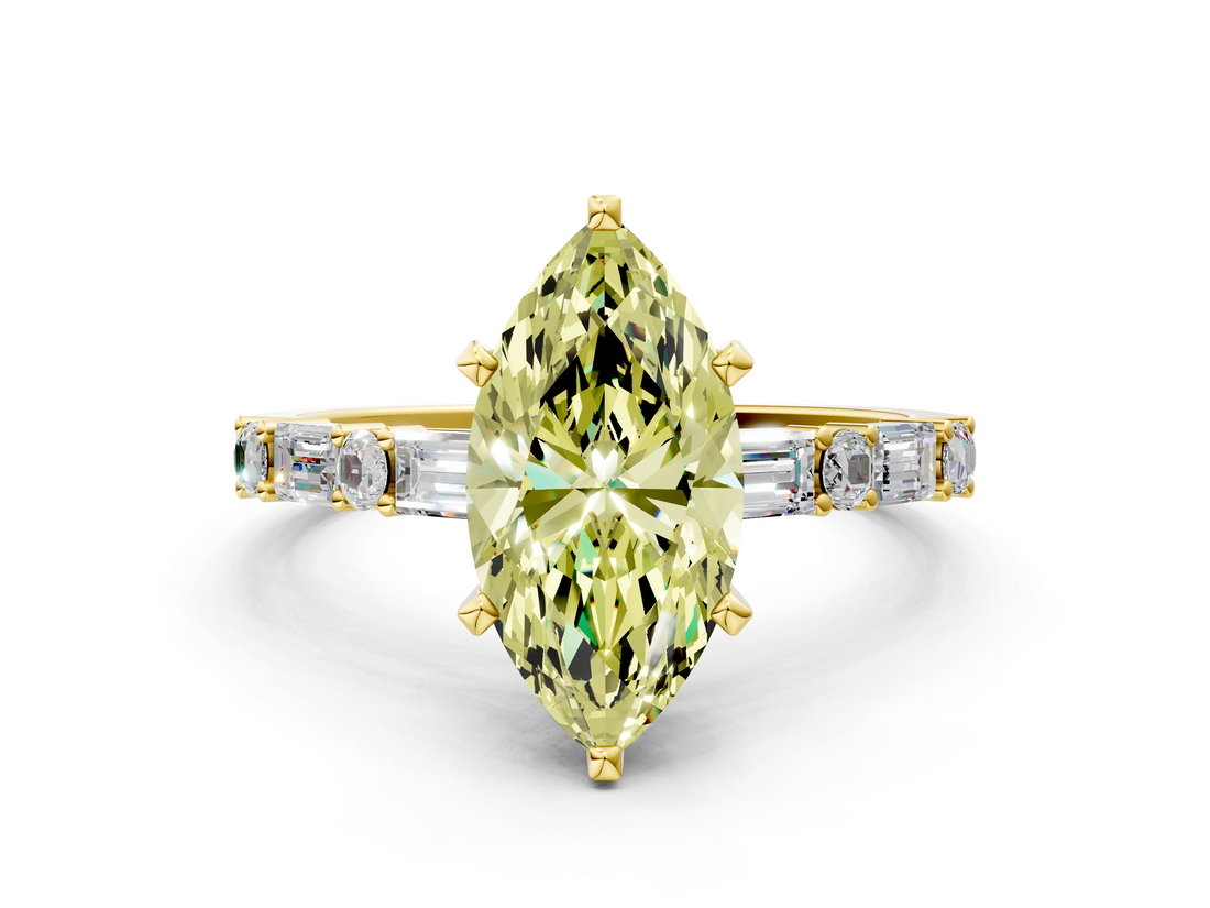Yellow gold Fancy Yellow Marquise  Solitaire with Side Baguettes and Channel Set Band