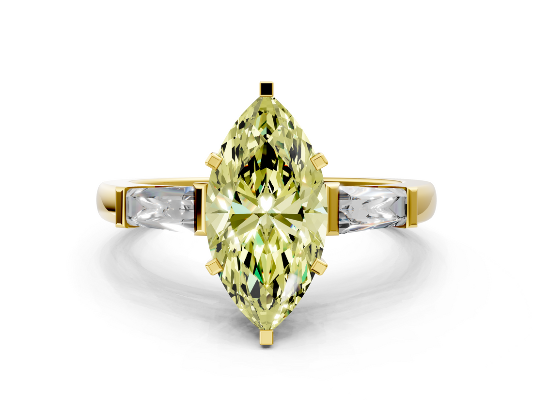 Yellow gold Fancy Yellow Marquise  Solitaire with Tapered Baguette Side Stones on a Classic Band with Four-Prong Setting