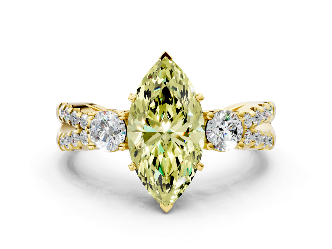 Yellow gold Fancy Yellow Marquise  Three-Stone Diamond Ring with Pavé Split Shank and Four-Prong Setting_17
