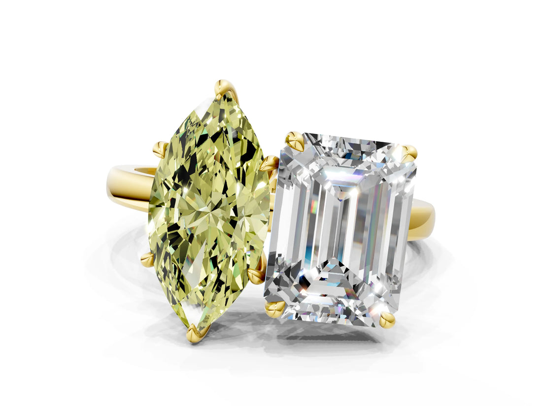 Yellow gold Fancy Yellow Marquise  and Emerald Cut Toi Moi Ring with Prong Setting_34
