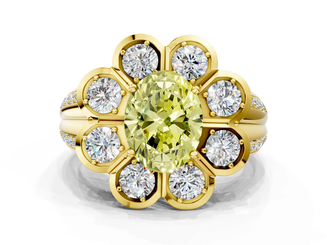 Yellow gold Fancy Yellow Oval  Brilliant Flower Halo Diamond Split Shank Ring_81