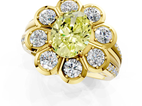 Yellow gold Fancy Yellow Oval  Brilliant Flower Halo Diamond Split Shank Ring