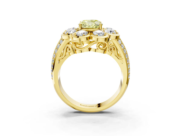 Yellow gold Fancy Yellow Oval  Brilliant Flower Halo Diamond Split Shank Ring
