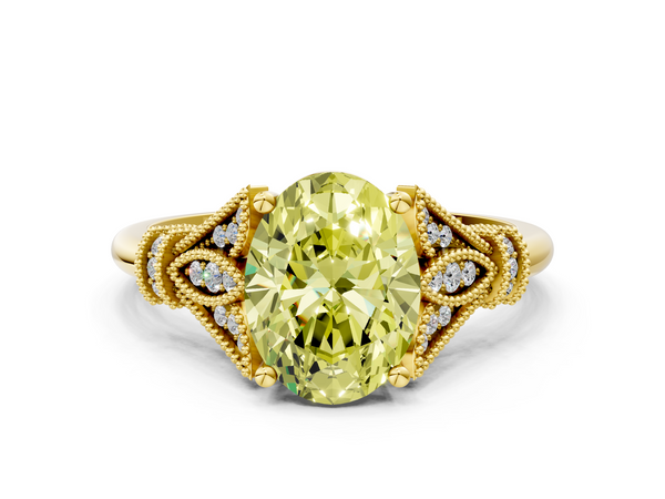 Yellow gold Fancy Yellow Oval  Diamond Solitaire Ring with Floral Filigree and Pave Accents