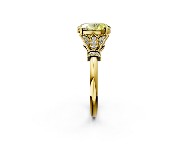 Yellow gold Fancy Yellow Oval  Diamond Solitaire Ring with Floral Filigree and Pave Accents