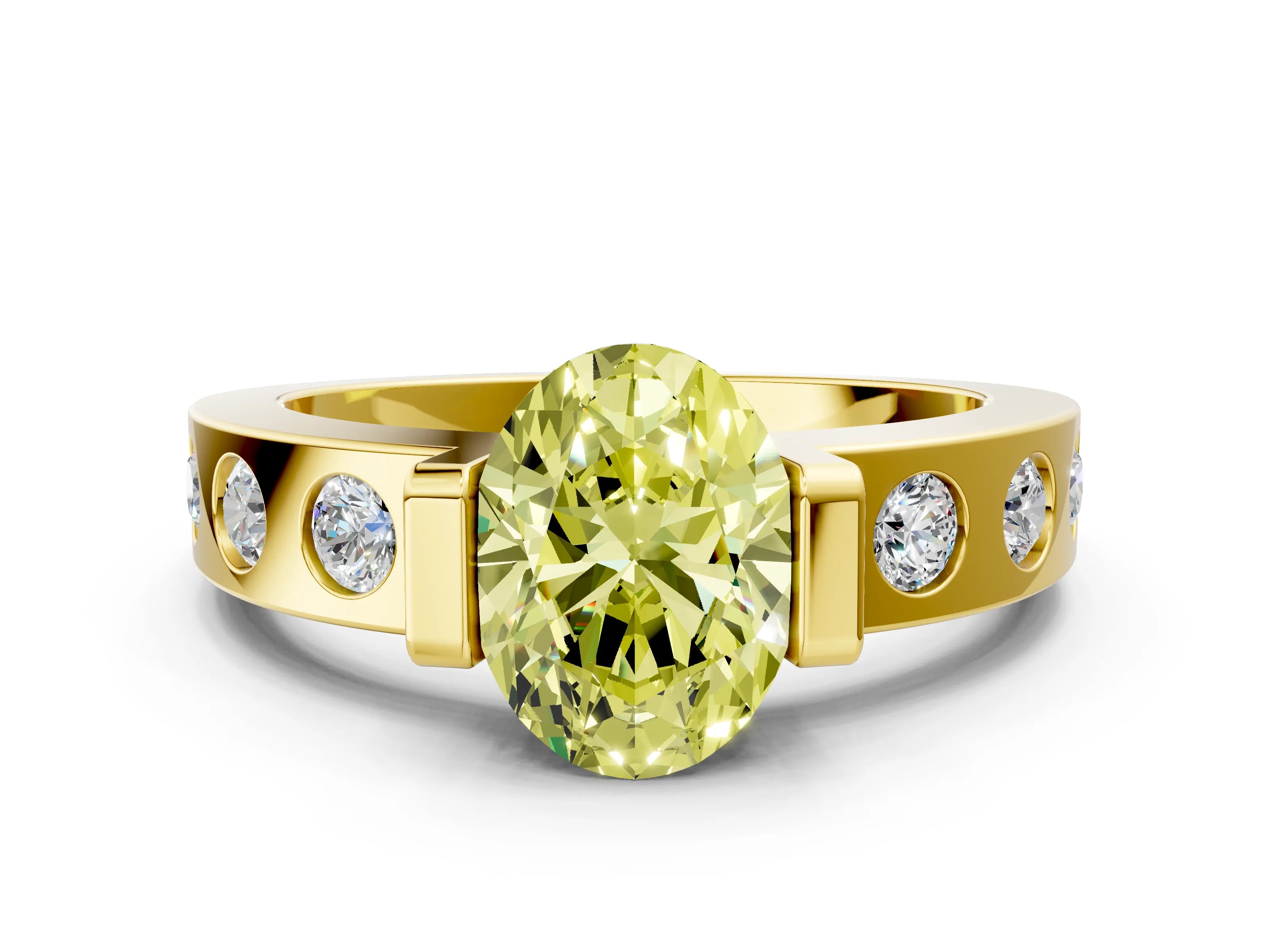 Yellow gold Fancy Yellow Oval Cut Brilliant Channel-Set Diamond Ring with Bezel Prong Setting