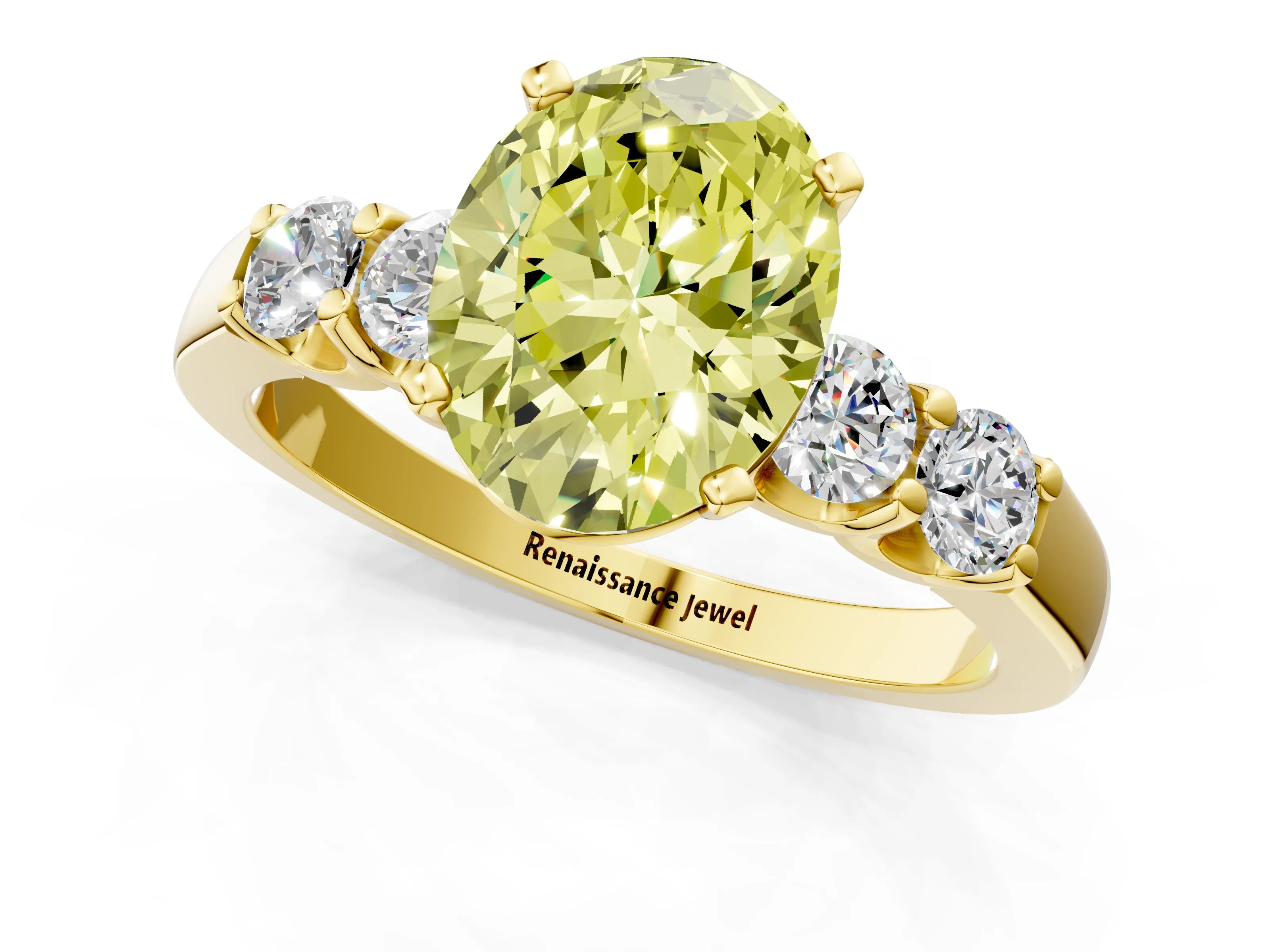 Yellow gold Fancy Yellow Oval Cut Brilliant Diamond Five-Stone Engagement Ring with Prong Setting on a Classic Band_4