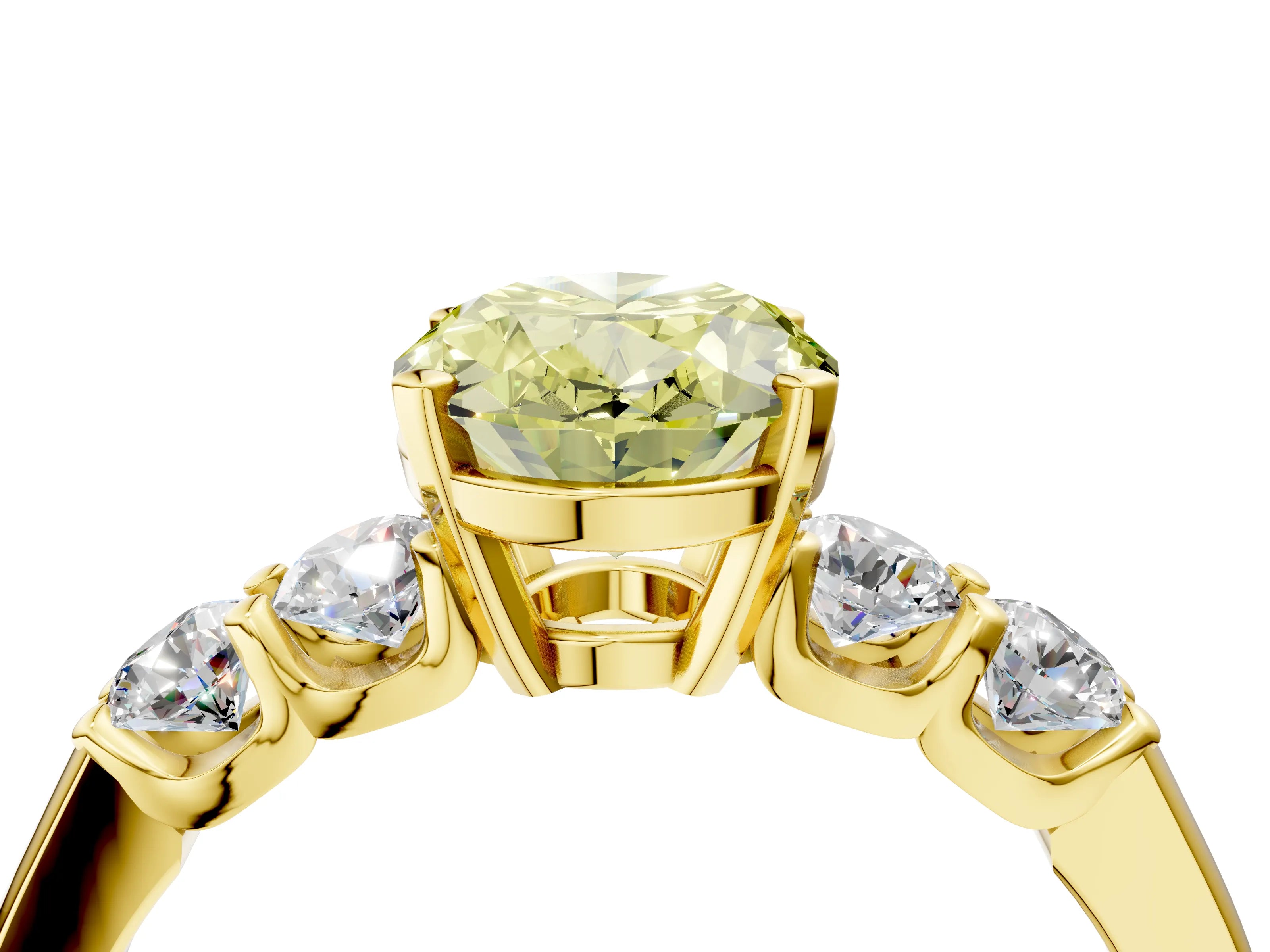 Yellow gold Fancy Yellow Oval Cut Brilliant Diamond Five-Stone Engagement Ring with Prong Setting on a Classic Band_7