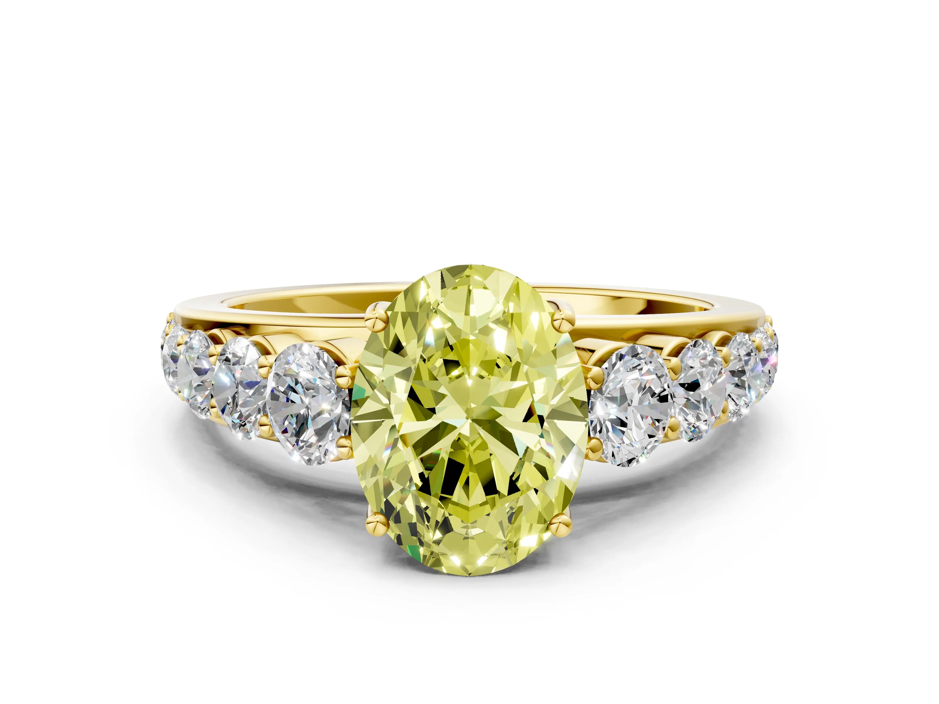 Yellow gold Fancy Yellow Oval Cut Brilliant Diamond Pavé Band with Six-Prong Setting
