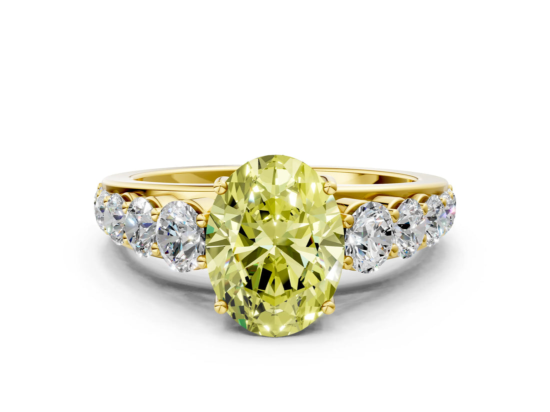 Yellow gold Fancy Yellow Oval Cut Brilliant Diamond Pavé Band with Six-Prong Setting