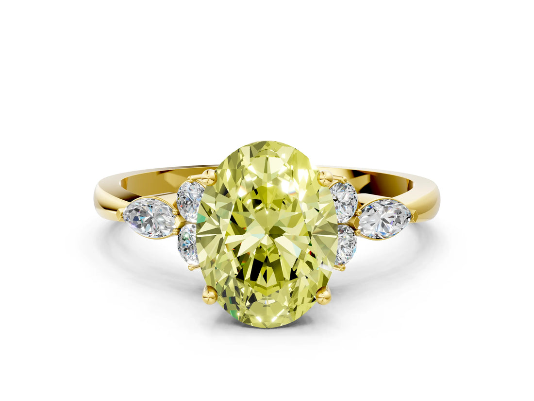 Yellow gold Fancy Yellow Oval Cut Brilliant Diamond Solitaire Ring with Pear Side Stones and Four-Prong Setting_3