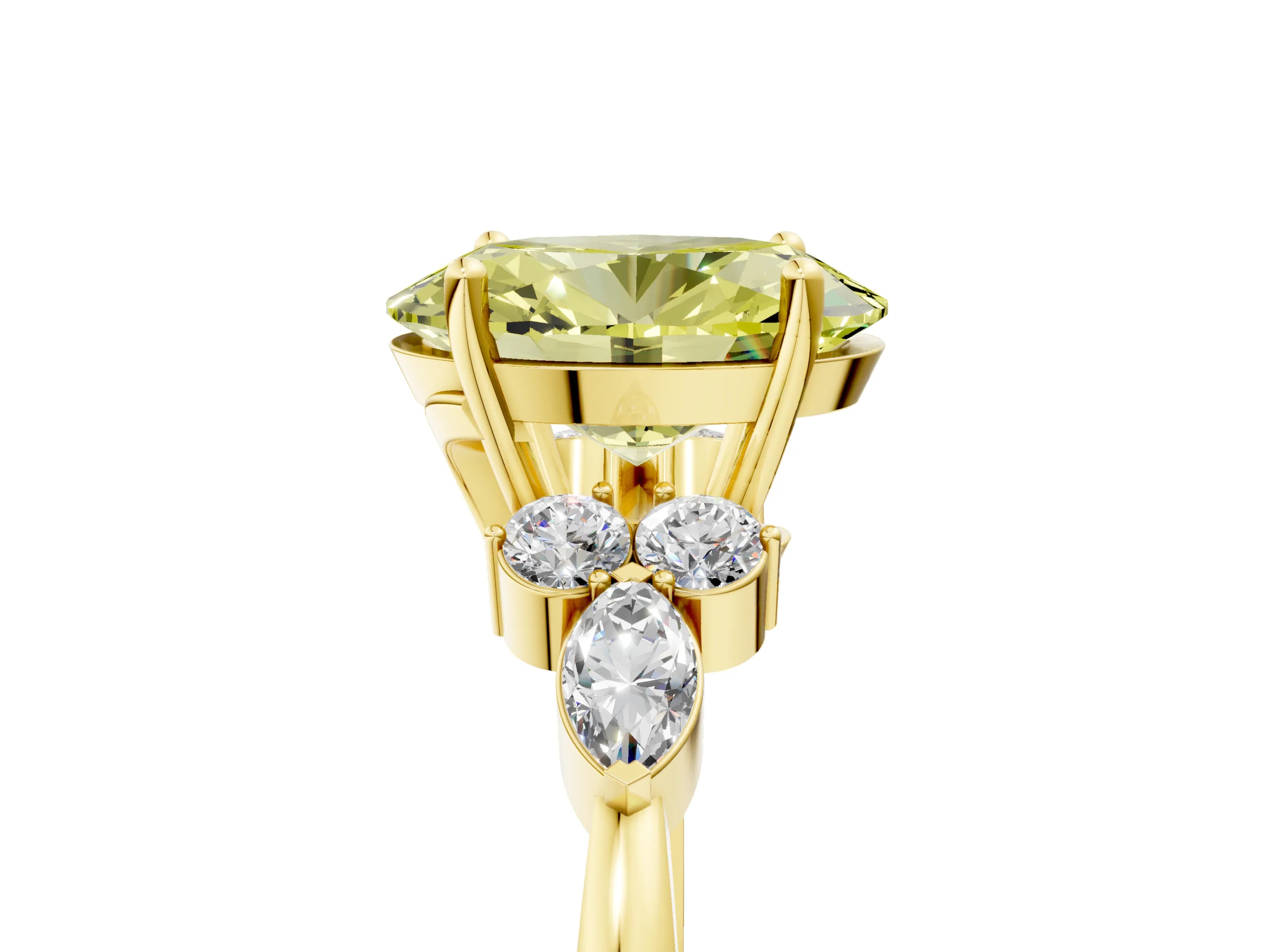 Yellow gold Fancy Yellow Oval Cut Brilliant Diamond Solitaire Ring with Pear Side Stones and Four-Prong Setting_8
