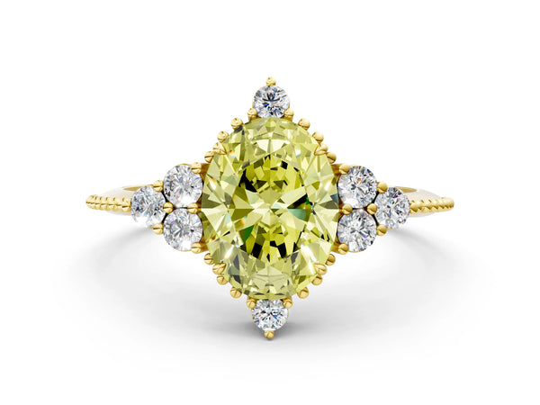 Yellow gold Fancy Yellow Oval Cut Brilliant Diamond with Cluster Setting on a Beaded Band and Four-Prong Setting