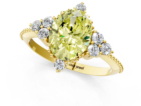 Yellow gold Fancy Yellow Oval Cut Brilliant Diamond with Cluster Setting on a Beaded Band and Four-Prong Setting