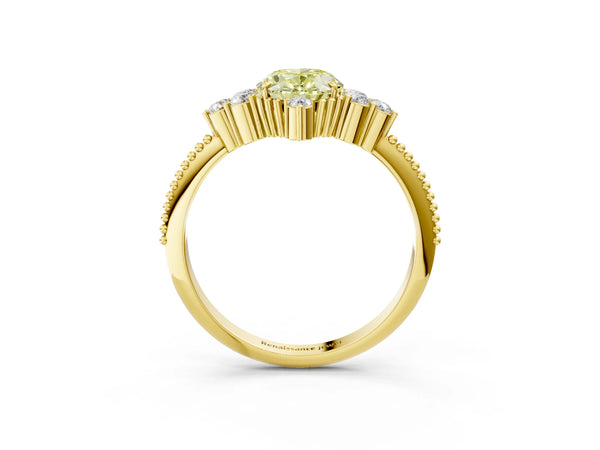 Yellow gold Fancy Yellow Oval Cut Brilliant Diamond with Cluster Setting on a Beaded Band and Four-Prong Setting