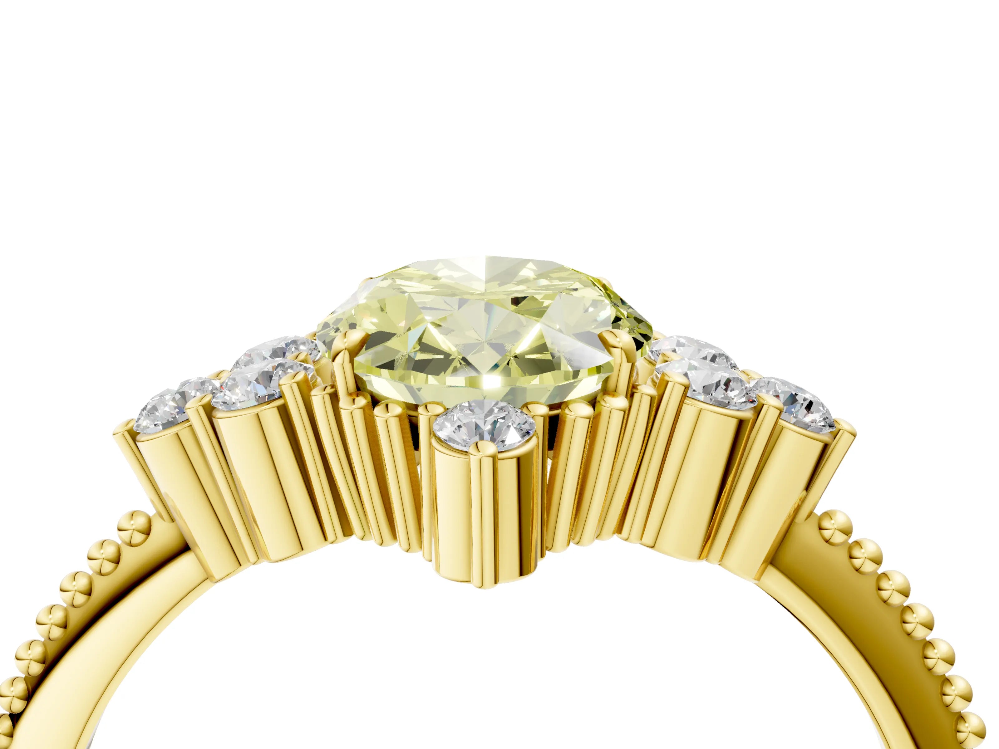 Yellow gold Fancy Yellow Oval Cut Brilliant Diamond with Cluster Setting on a Beaded Band and Four-Prong Setting_4
