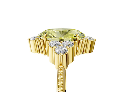 Yellow gold Fancy Yellow Oval Cut Brilliant Diamond with Cluster Setting on a Beaded Band and Four-Prong Setting_5