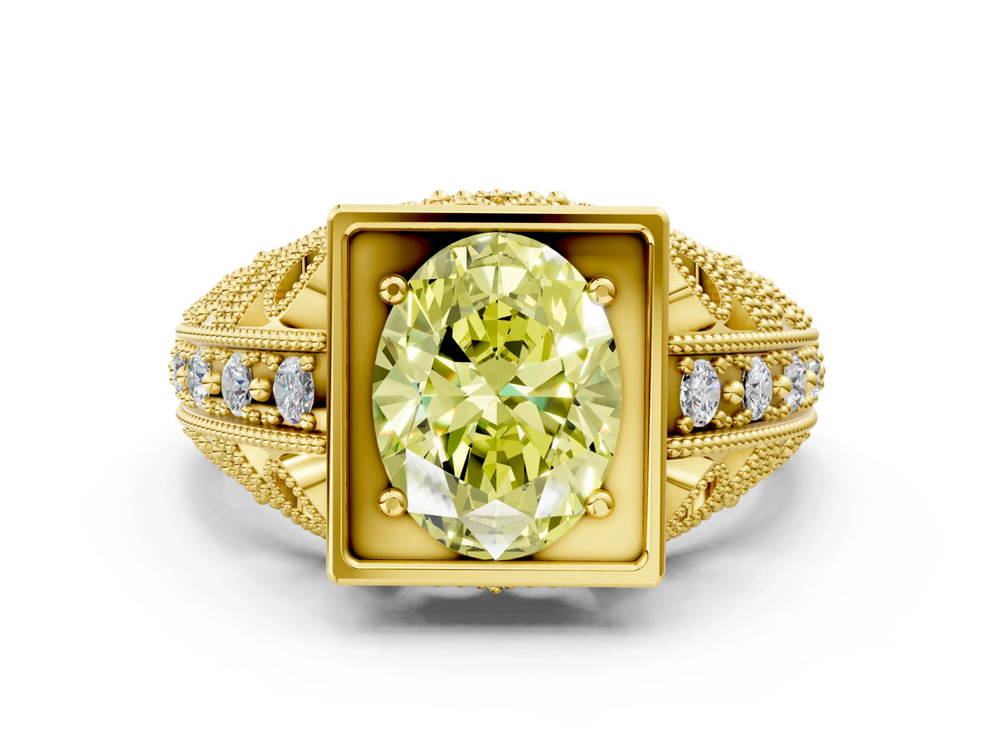 Yellow gold Fancy Yellow Oval Cut Brilliant Milgrain Filigree Diamond Ring with Square Prong Setting