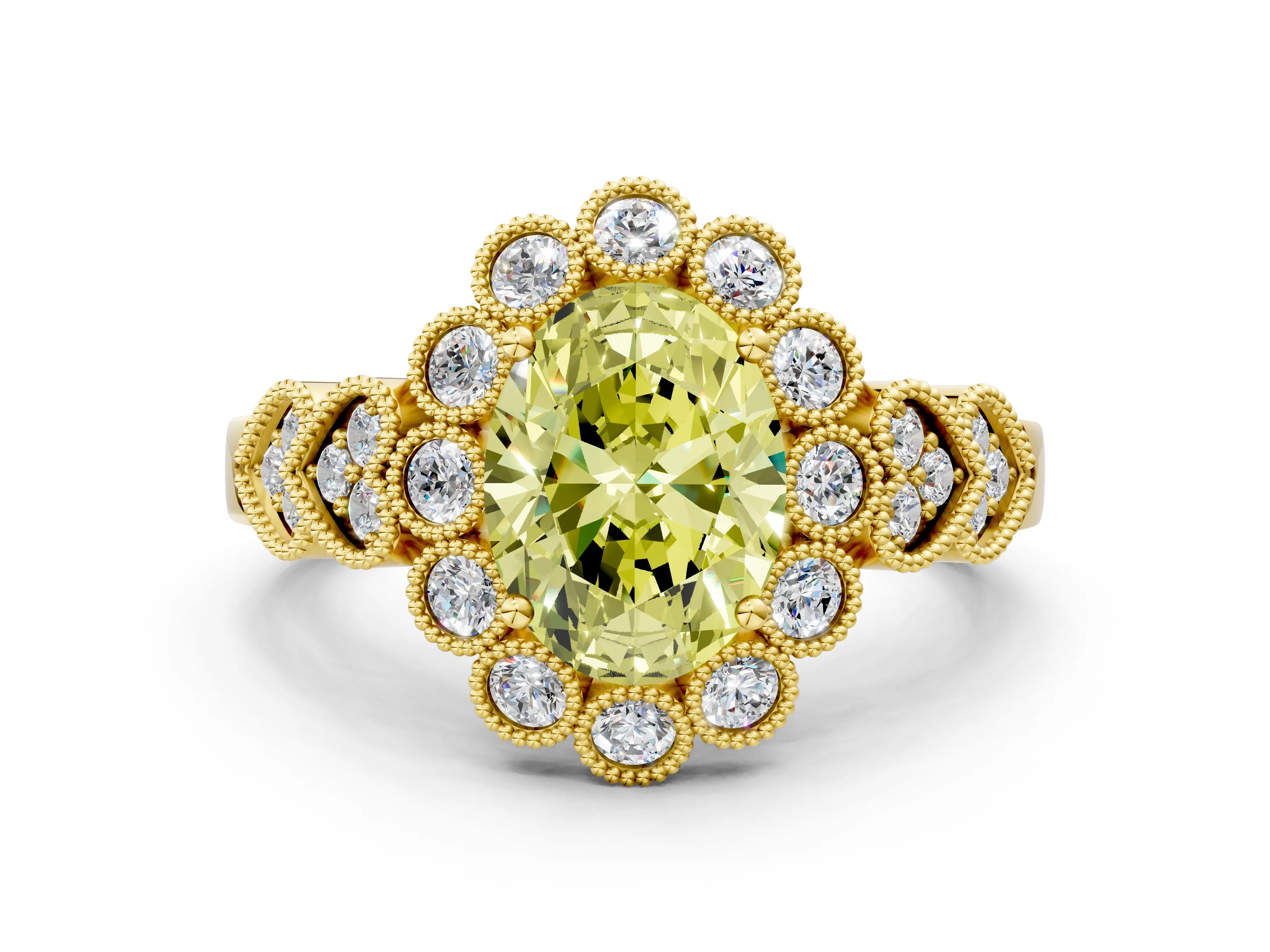 Yellow gold Fancy Yellow Oval Cut Brilliant Milgrain Pave Heart Band Solitaire Ring