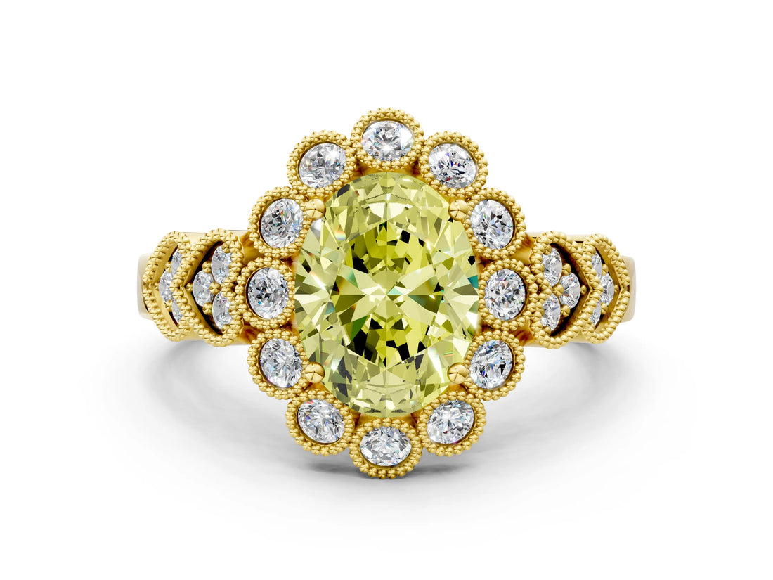 Yellow gold Fancy Yellow Oval Cut Brilliant Milgrain Pave Heart Band Solitaire Ring