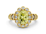 Yellow gold Fancy Yellow Oval Cut Brilliant Milgrain Pave Heart Band Solitaire Ring