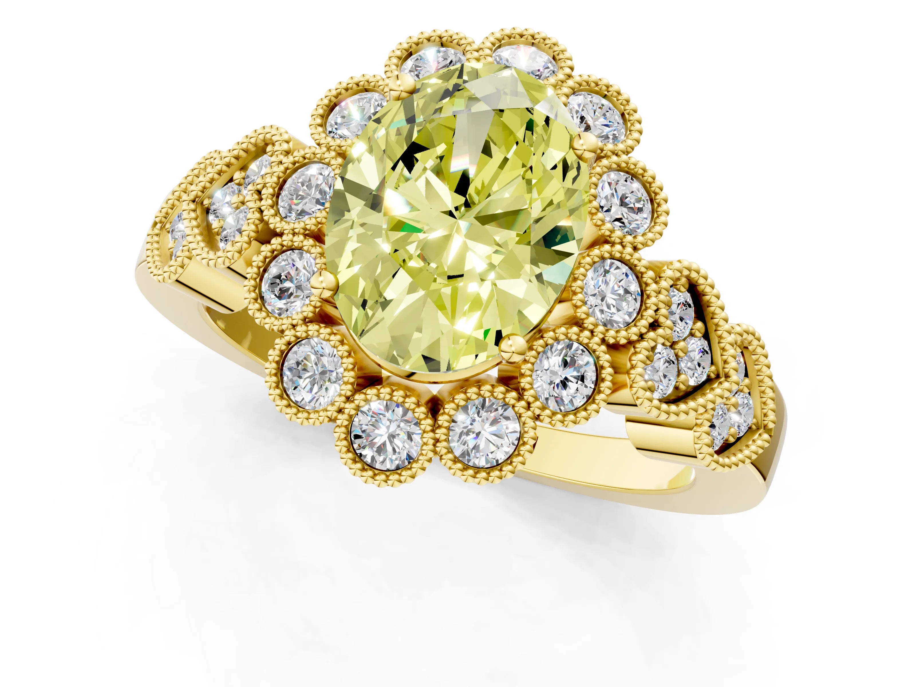 Yellow gold Fancy Yellow Oval Cut Brilliant Milgrain Pave Heart Band Solitaire Ring_1