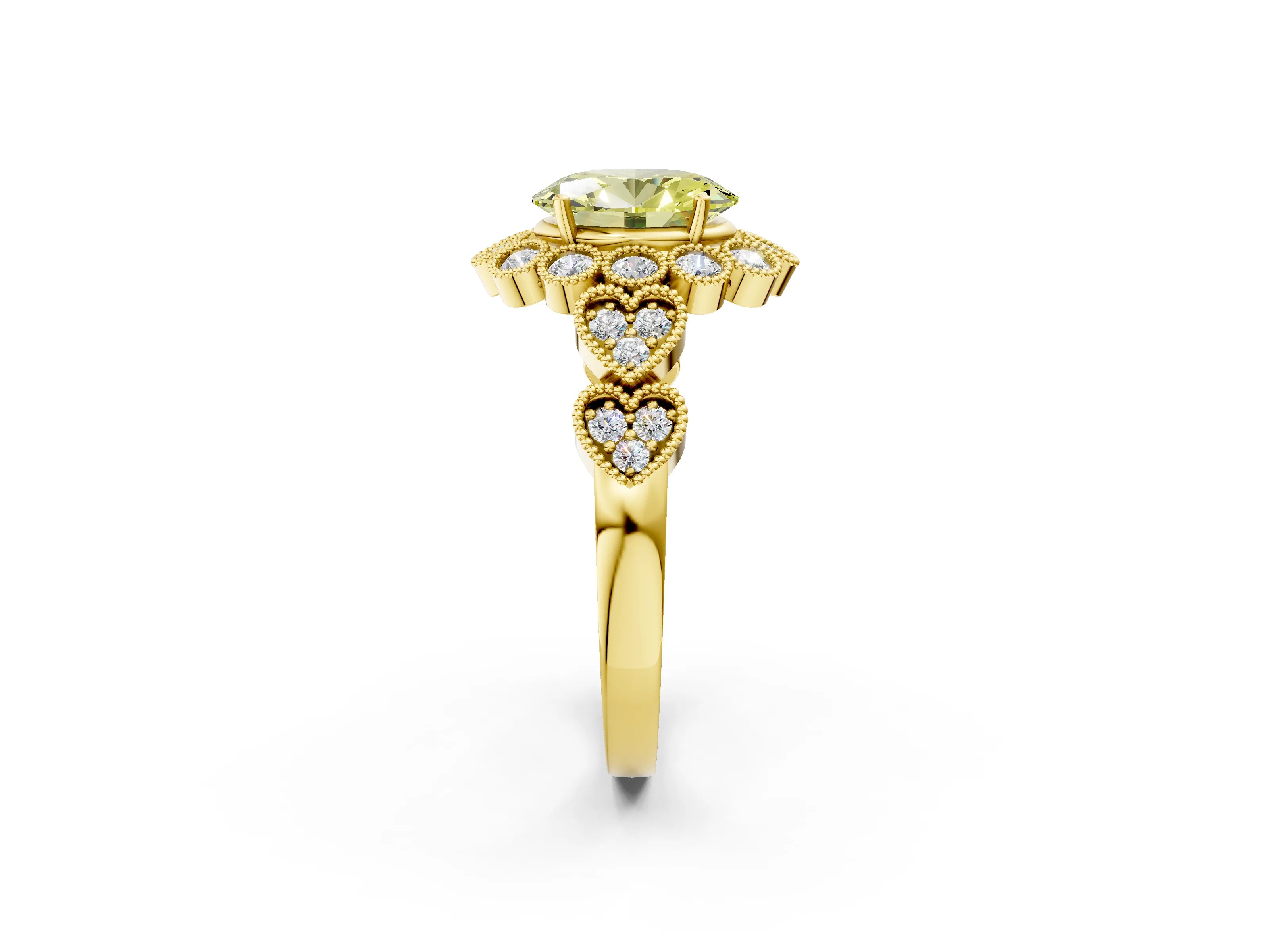 Yellow gold Fancy Yellow Oval Cut Brilliant Milgrain Pave Heart Band Solitaire Ring_2