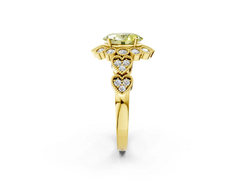 Yellow gold Fancy Yellow Oval Cut Brilliant Milgrain Pave Heart Band Solitaire Ring_2