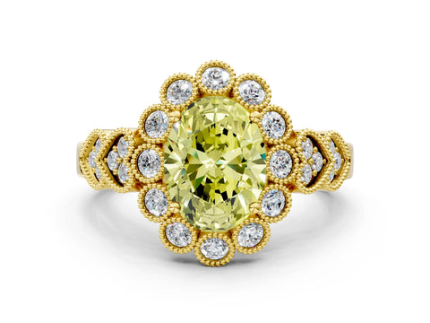 Yellow gold Fancy Yellow Oval Cut Brilliant Milgrain Pave Heart Band Solitaire Ring