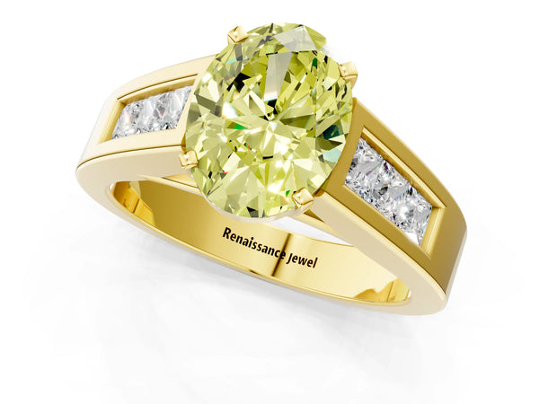 Yellow gold Fancy Yellow Oval Cut Cut Channel Set Solitaire Ring with Four-Prong Setting