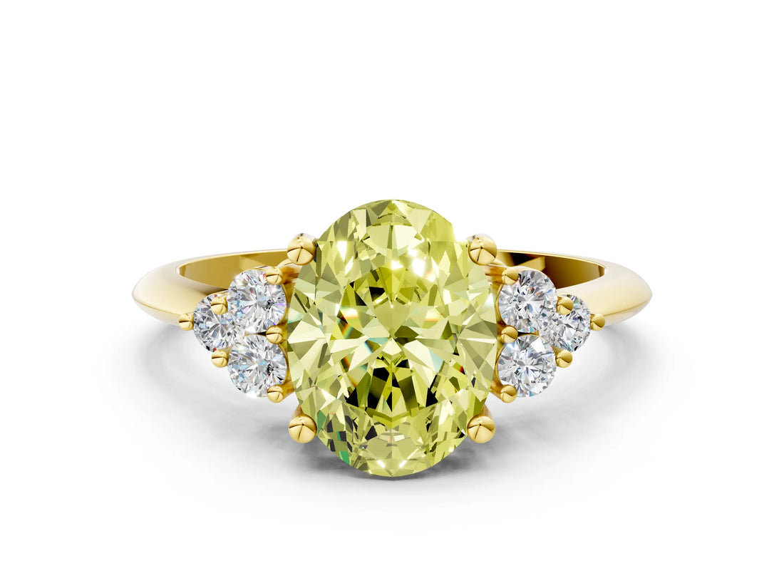Yellow gold Fancy Yellow Oval Cut Cut Diamond Cluster Ring with Solitaire Band and Four-Prong Setting