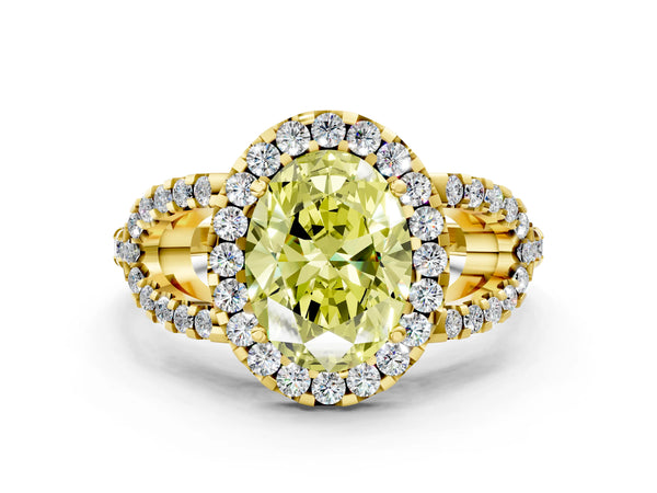 Yellow Gold Oval Split Shank Pave Halo Engagement Ring Setting for Fancy Yellow Center